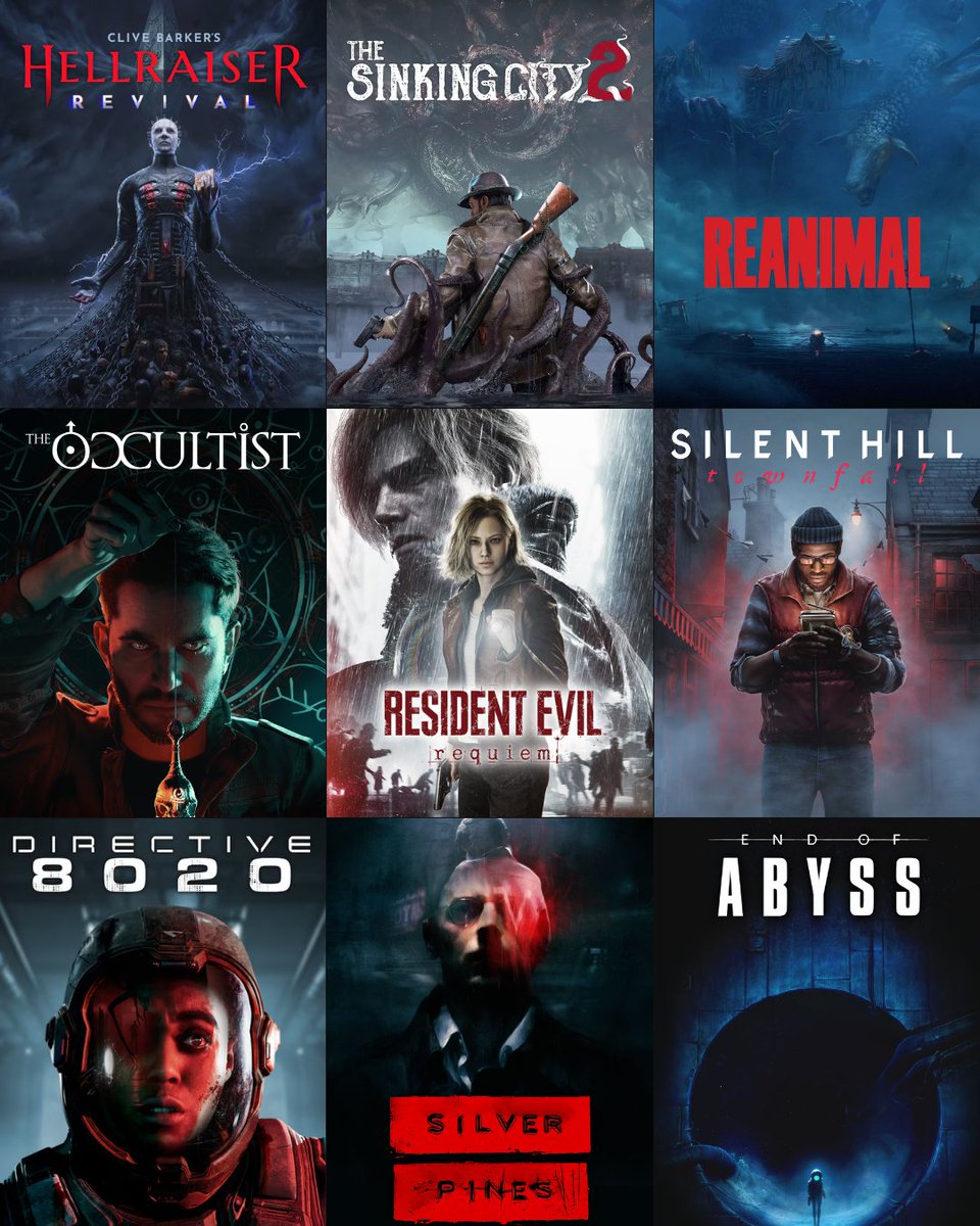PlayStationDE's tweet photo. 2026 hat schon einige starke Horrorgames geliefert. 👀

Von Resident Evil Requiem bis Hellraiser: Revival war einiges dabei. Welche dieser Games habt ihr schon ausprobiert? 👇 https://t.co/LflVquUde8