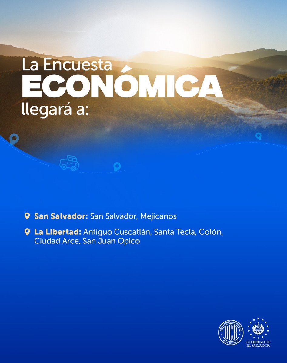 bcr_sv's tweet photo. 📢 Te compartimos la ruta de esta semana por parte de nuestros gestores de información para las encuestas de Precios, Económica, Turismo y Hogares de Propósitos Múltiples. https://t.co/8xcwrIIbZA