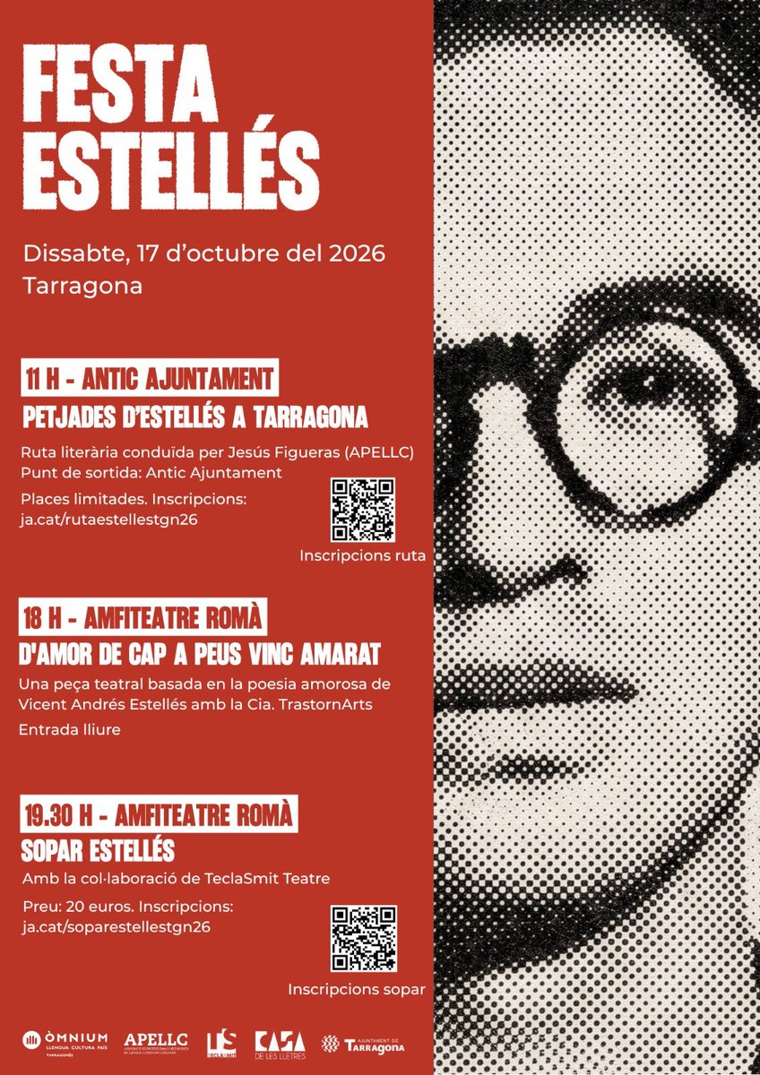 TGNAjuntament's tweet photo. TARDOR LITERÀRIA | Petjades d’Estellés a Tarragona 📖

Una ruta literària conduïda per Jesús Figueras per descobrir la petjada de Vicent Andrés Estellés a Tarragona a través de la seva obra i la seva relació amb la ciutat.

📆 Dissabte 17 d’octubre, 11:00 h
📍 Punt de sortida: Centre Cultural Antic Ajuntament

ℹ️ https://t.co/pjuTLuTRAc