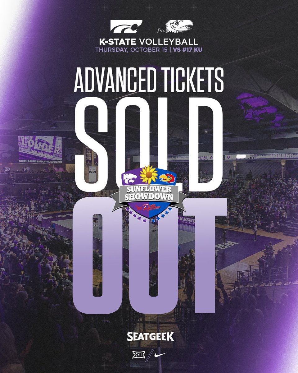 kstatesports's tweet photo. Advanced tickets for tonight's Dillons Sunflower Showdown are officially SOLD OUT‼️

An extremely limited number of tickets will be available for walk-up purchase. Fans are encouraged to arrive early to secure entry.

Tickets may be available to purchase on @SeatGeek, the official secondary ticket partner of K-State Athletics. https://t.co/6V4uknPl4p

@KStateVB x #EMAW