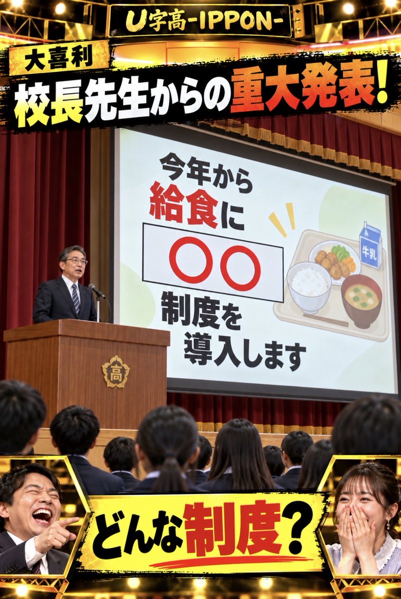 hayato_workai's tweet photo. 【大喜利】

学校の朝礼で校長先生が発表。

「今年から給食に〇〇制度を導入します」

どんな制度？ https://t.co/csdQ5utJPy