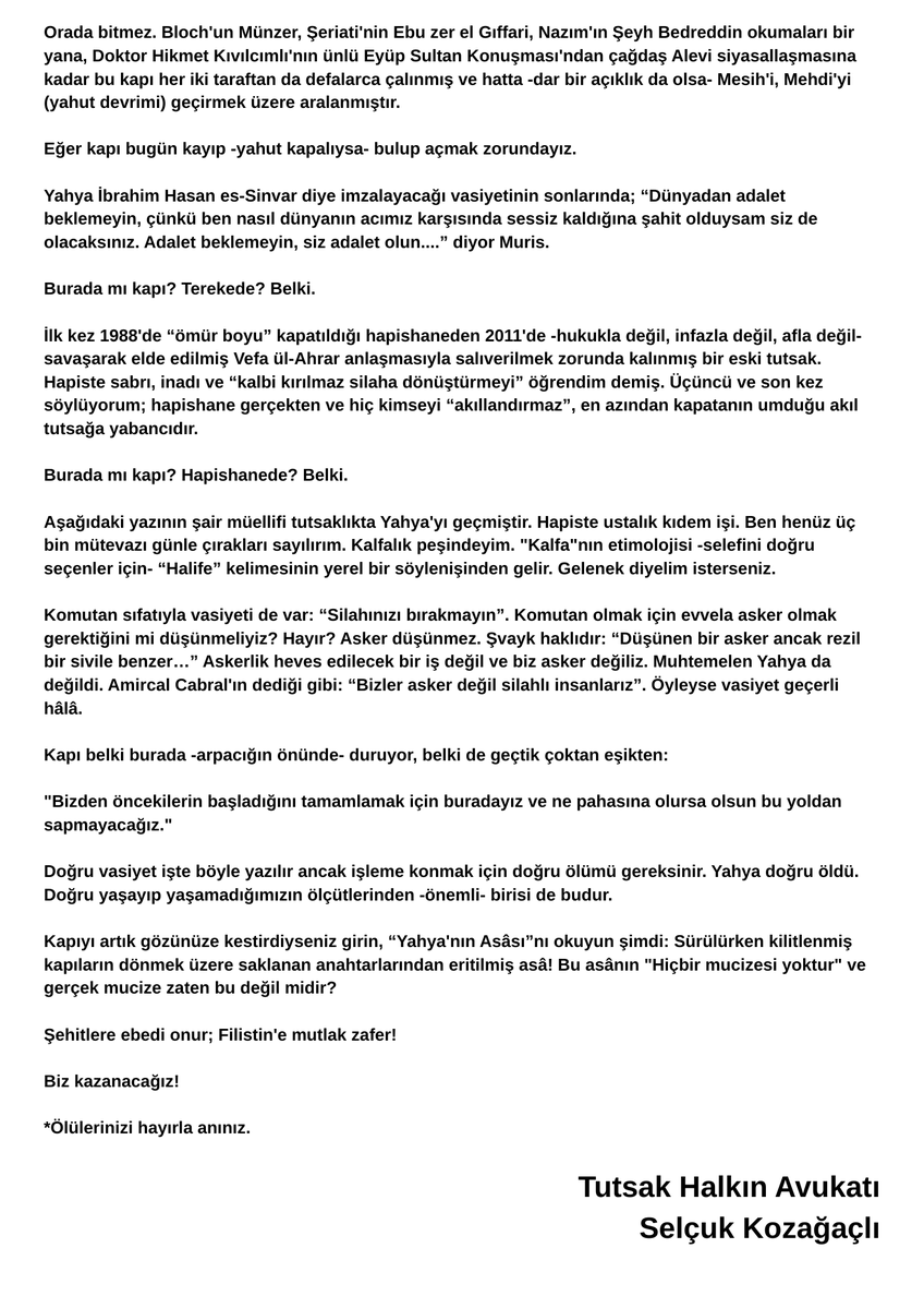 TavirYeni3's tweet photo. Tavır:
Avukat @S_Kozagacli'nın 
General Yahya Sinvar ile ilgili yazdığı yazıyı paylaşıyoruz.

"'Yahya'nın Asâsı ve İnkültürasyon"

#Kültür #Sanat #Filistin #FREEPALESTİNE https://t.co/aFCjLHe180