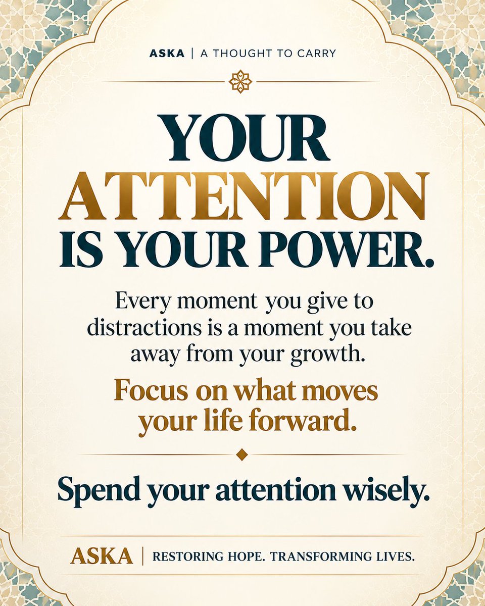 Afrozsk03's tweet photo. Your attention shapes your future.
Less distraction. More focus. Meaningful growth.
Give your time to what truly matters.
What will you focus on today?
#SelfGrowth #PositiveMindset #IslamicQuotes #DailyQuran #ASKA https://t.co/JNFFl61HQL
