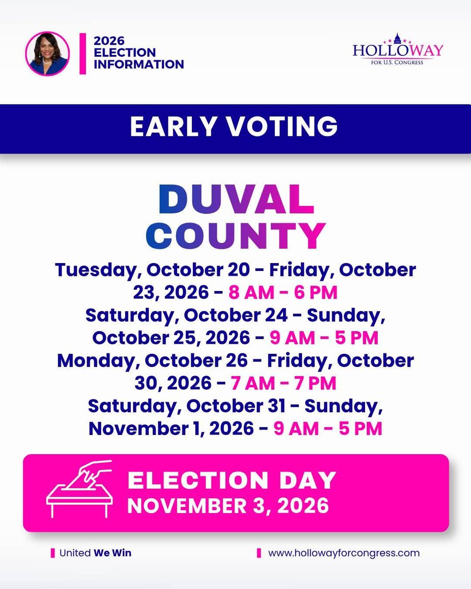Lj4CONGRESS's tweet photo. 📢 Early Voting is about to begin! Make sure you have a voting plan in place. 

Check the dates for Duval, Clay, and Nassau counties. 

Let's flip the House! 🗳️

#UnitedWeWin #Vote #HollowayForCongress #ForThePeople #EarlyVoting https://t.co/QDmz4M8Ep5