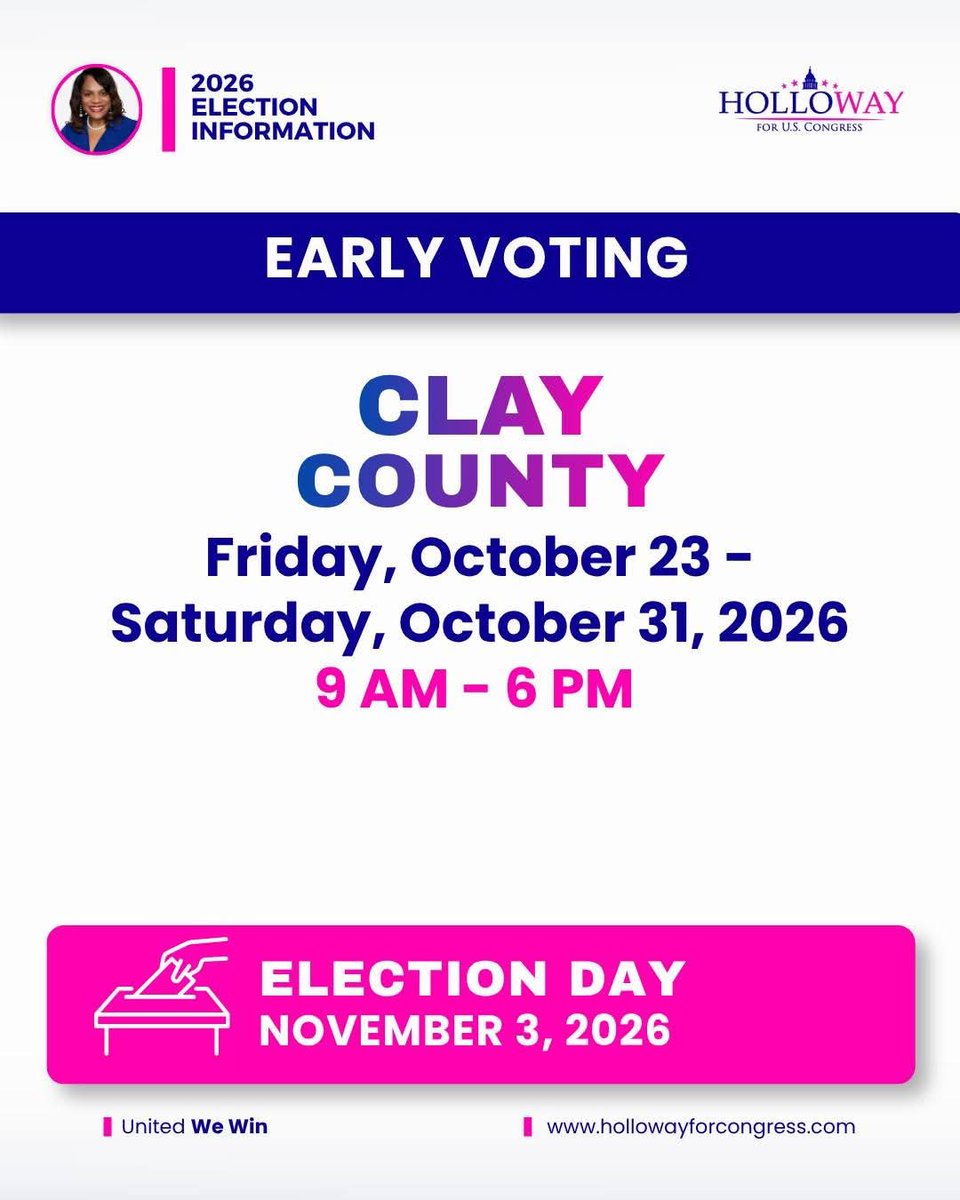Lj4CONGRESS's tweet photo. 📢 Early Voting is about to begin! Make sure you have a voting plan in place. 

Check the dates for Duval, Clay, and Nassau counties. 

Let's flip the House! 🗳️

#UnitedWeWin #Vote #HollowayForCongress #ForThePeople #EarlyVoting https://t.co/QDmz4M8Ep5