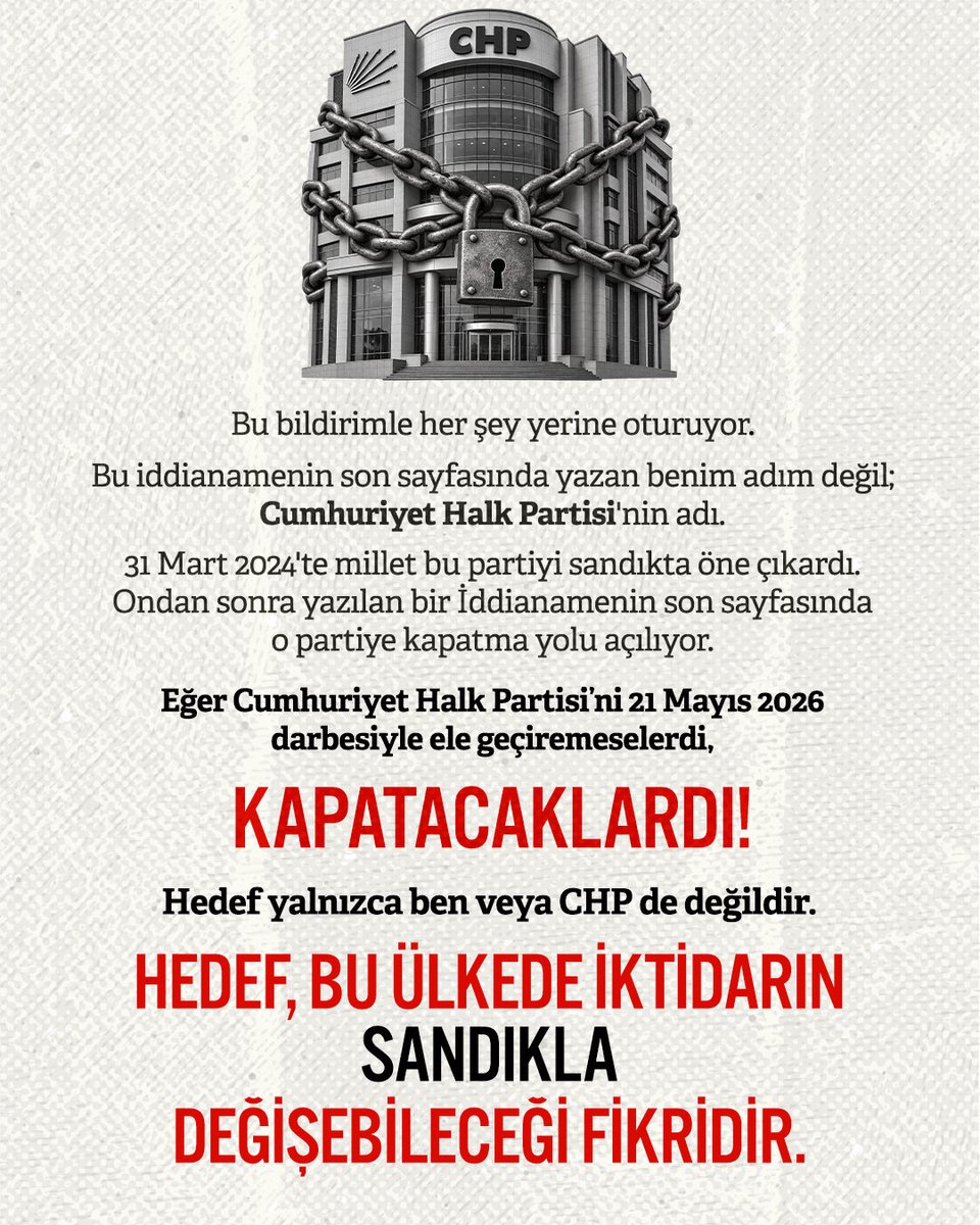 CA_iletisim's tweet photo. Şimdi düşünün: 
Bir belediye başkanı hakkında yazılmış, rüşvetten, ihaleden, ruhsattan söz eden bir ceza iddianamesi. 

Bu iddianame, bu Cumhuriyeti kuran partinin kapatılması için Yargıtay'a bildirimle bitiyor. 

Bir yolsuzluk dosyası bir partinin kapatılmasına nasıl bağlanır? https://t.co/6InJacVOdc