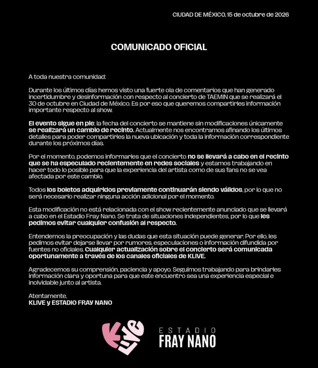 folklovermore9's tweet photo. KLIVE ha compartido un comunicado donde nuevamente NO definen el nuevo recinto, esto a 15 días del concierto…
Ya hay fans que están vendiendo sus boletos debido a la incertidumbre
@ZepedaBros
@Tixr_
@AtencionProfeco
@Profeco
#RespectTAEMates
#Claridad_Liminal_TAEMIN_CDMX https://t.co/Ykh6EFRjgl