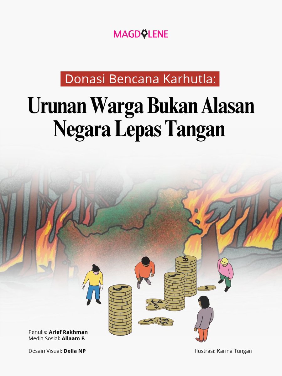 magdaleneid's tweet photo. Solidaritas warga Indonesia tuh patut diapresiasi.

Tapi, ketika donasi untuk hutan Kalimantan yang terbakar menembus Rp3 miliar, kita juga perlu bertanya: Sampai kapan warga harus menanggung dampak bencana, dan kapan negara mengambil tanggung jawabnya?

👉 https://t.co/Dx1zOsGrU8

🧵 (1/3)