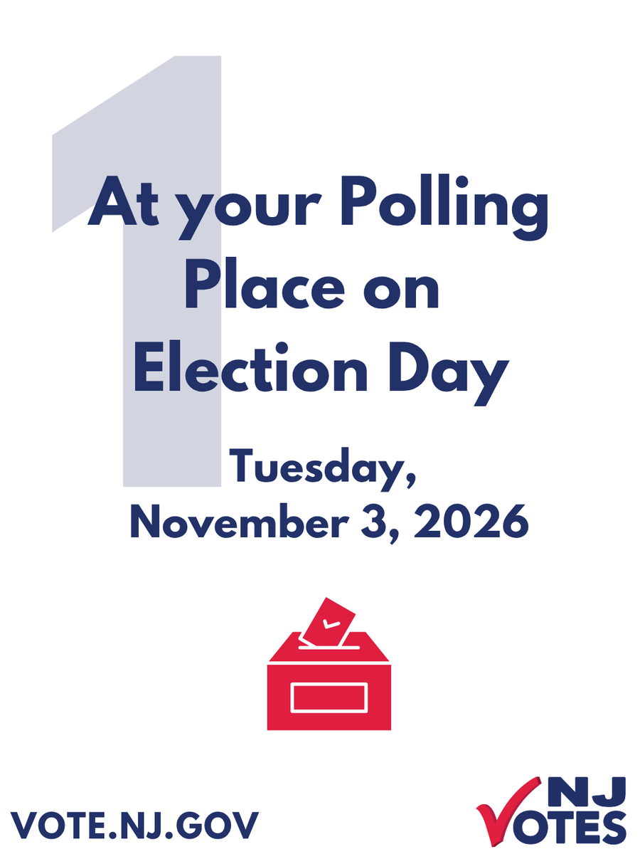 NJ_Votes's tweet photo. There are 3 ways to vote in the 2026 General Election:
On Election Day (Tuesday, Nov 3, by 8pm)
In-person early voting (Saturday, Oct 24 – Sunday, Nov 1)
By mail (returned to a Secure Ballot Drop Box by Tuesday, Nov 3, 8pm)
Learn more at https://t.co/cQuyqgPXV2. #NJVotes https://t.co/BvYRznK90M
