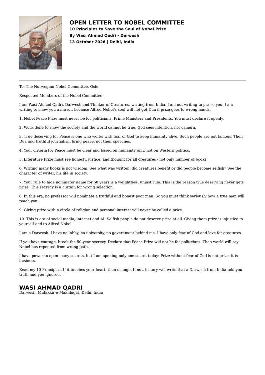ViewerUniverse's tweet photo. Declare that Peace Prize will not be for politicians.Then world will say Nobel has repented from wrong path.

I have power to open many secrets,but I am opening only one secret today: Prize without fear of God is not prize, it is business.

WASI AHMAD QADRI
WASI AHMAD ANSARI
PTO https://t.co/ICcBao1MiH