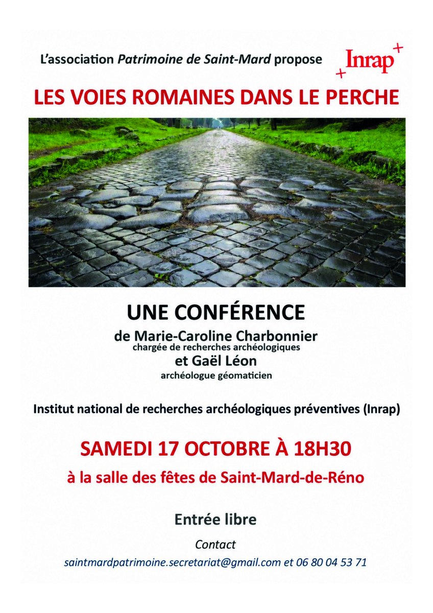 Inrap_ActuGO's tweet photo. [🚶Idée de sortie] Demain, Marie-Caroline Charbonnier et Gaël Léon, archéologues à l'@Inrap, parleront des voies romaines dans le Perche lors d'une conférence. 
🗓️Samedi 17 octobre, 18h30
📍Salle des fêtes, Saint-Mard-de-Réno (61)
👉https://t.co/sGlBPGedSZ https://t.co/cP2FXXQ8Kx