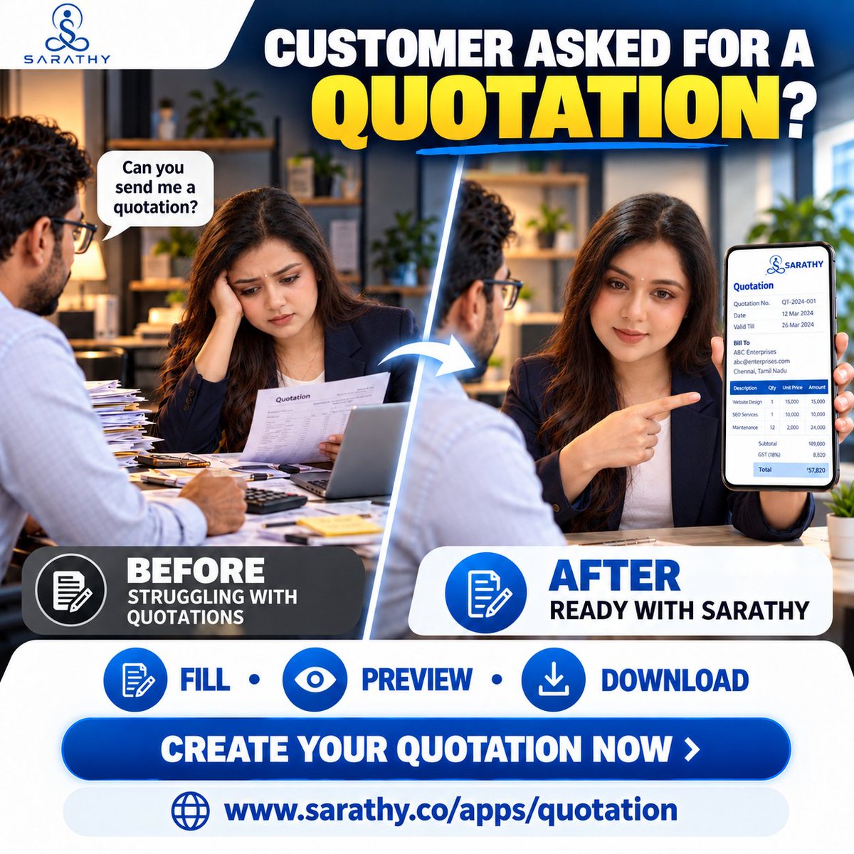 foundersarathy's tweet photo. 😩 Customer waiting for a quotation?
📄 Too many papers?
⏳ Too much effort?
😊 There is an easier way to prep
📱 Try it yourself!
#SARATHY #sarathy #sarathyco #founder #foundersarathy #sarathycompany #Quotation #QuotationGenerator #SmallBusiness #BusinessOwners #Entrepreneurs https://t.co/397Zbz0NQV