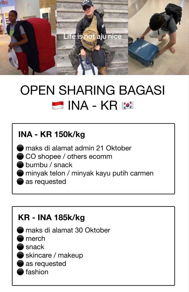 kikithewitches's tweet photo. OPEN SHARING BAGASI INDONESIA - KOREA

INA - KR
150k/kg
maks 21 Oktober
suyu / myeongdong / TBA

KR - INA
185k/kg
maks 30 Oktober

jastip korea cgk ina seoul https://t.co/l2eyZL45EA