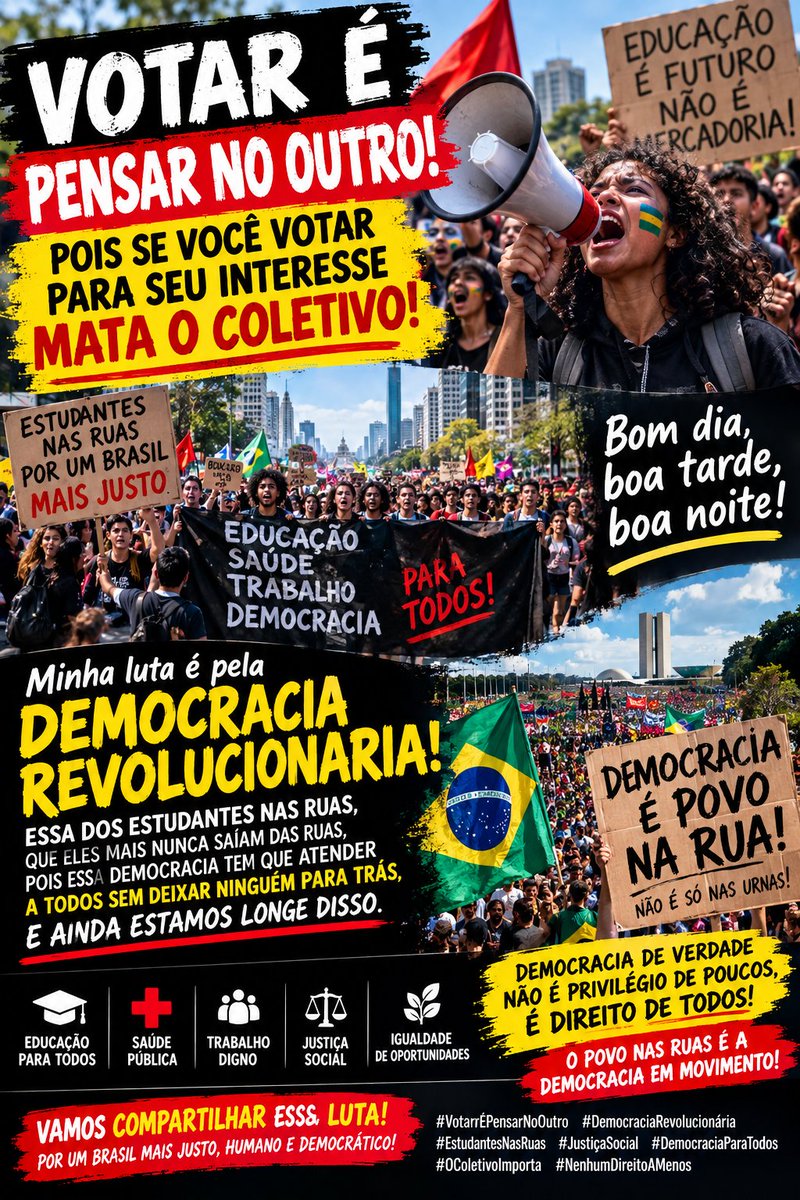 janneto1968's tweet photo. ✊🇧🇷 VOTAR É PENSAR NO OUTRO!

⚠️ QUANDO VOCÊ VOTA APENAS NO SEU PRÓPRIO INTERESSE, QUEM PAGA A CONTA É O COLETIVO!

Bom dia, boa tarde, boa noite! ✊❤️

Minha luta é pela DEMOCRACIA REVOLUCIONÁRIA! 🔥

Uma democracia que não se limite às urnas, que não termine depois das eleições e que não pertença apenas aos poderosos.

Uma democracia que se construa nas ruas, nas escolas, nas universidades, nos locais de trabalho e em cada espaço onde o povo luta por dignidade!

🎓 QUE OS ESTUDANTES NUNCA MAIS ABANDONEM AS RUAS!

Que continuem lutando por educação pública, saúde, trabalho, justiça social, liberdade e igualdade de oportunidades.

Porque democracia de verdade não é privilégio de poucos. É direito de todos!

❤️ NÃO BASTA ESTAR BEM ENQUANTO MILHÕES DE BRASILEIROS CONTINUAM SOFRENDO.

Precisamos de uma sociedade em que ninguém seja deixado para trás, em que a dignidade humana esteja acima do egoísmo e em que o bem coletivo seja tão importante quanto os nossos sonhos individuais.

E não vamos nos enganar: AINDA ESTAMOS LONGE DESSA DEMOCRACIA!

Por isso, a luta continua!

📢 O POVO NAS RUAS É A DEMOCRACIA EM MOVIMENTO!

✊ Por um Brasil mais justo.
📚 Por educação para todos.
⚖️ Por justiça social.
❤️ Por dignidade humana.
🇧🇷 Por uma democracia que não deixe ninguém para trás.

COMPARTILHE se você acredita que uma sociedade só avança de verdade quando todos têm a oportunidade de avançar juntos!

#VotarÉPensarNoOutro
#DemocraciaRevolucionária
#EstudantesNasRuas
#JustiçaSocial
#ConsciênciaDeClasse
#DemocraciaParaTodos
#OColetivoImporta
#NenhumDireitoAMenos
#esquerdasegueesquerda
Márcio Canella
Professores
Palver
#OEXÉRCITODOLULAVOLTOU
#LulaPaiDoFimDa6x1
#TheBridalWord
#FLÁVIOINIMIGODOTRABALHADOR
Operação Unha e Carne
Feliz Dia
EMPATIA
Marcus Amim
Helena
Polícia Civil
ESCALA
Demitida
Murilo
Produtividade
VITÓRIA DA CLASSE TRABALHADORA
Fecha
12x36
15 de Outubro
CEO da Globo
Rick Azevedo
Fred Kachar
Senado
LULA ACABOU COM A 6X1
Bianquinha
Paim
Core
Estudiantes
FIESP
Oruam
Camilo Santana
Érika Hilton
SOMOS TODOS ANA ELISA
IPVA
Motta
VITÓRIA DO POVO BRASILEIRO
Anhangabaú
Kim Kataguiri