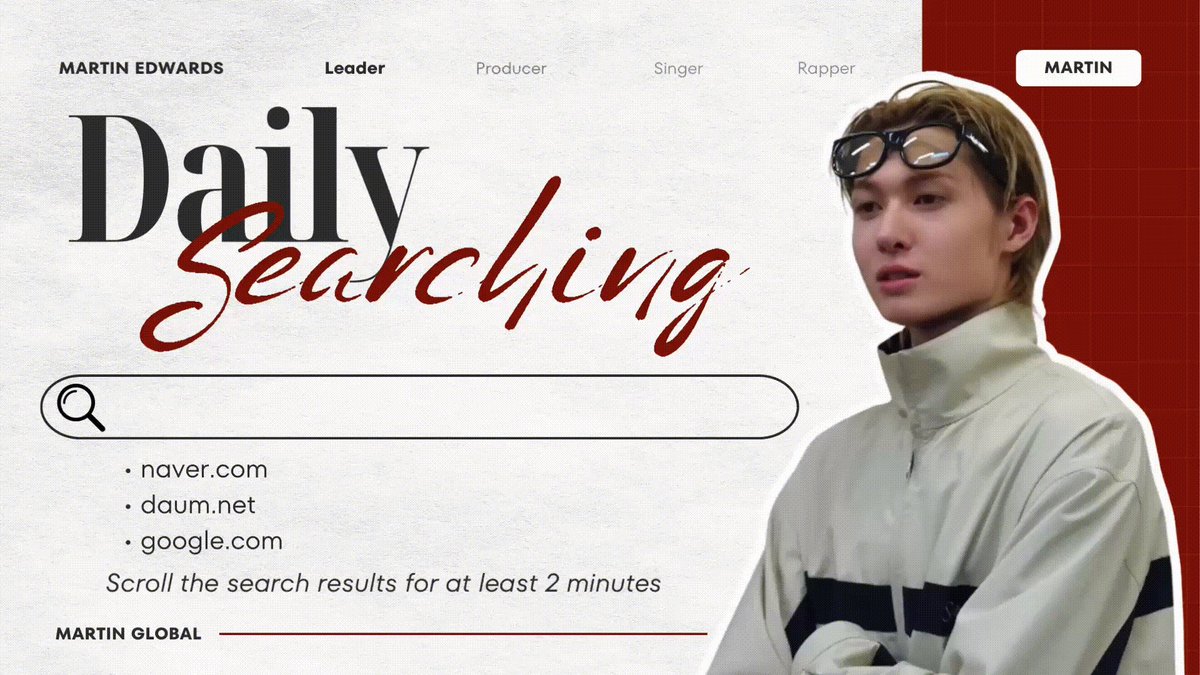 MARTINGLOBAL_'s tweet photo. [261016] | 📊 MARTIN Daily Brand Reputation - Searching

📌Search for ”코르티스 마틴” and “Martin Cortis” on
• https://t.co/HE1ROvcYXs
• https://t.co/YuYK4y9Qje
• https://t.co/BbuPuuh0ep
📌Scroll the search results for at least 2 minutes

🛎️Goal: 100 Proofs

#MARTIN #마틴 https://t.co/2UMmm8p4KG