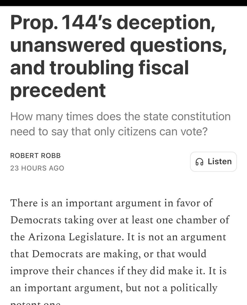 KelliButlerAZ's tweet photo. What a headline! ⬇️ Prop 144 is INTENTIONALLY deceptive- yet every AZ Republican legislator is supporting it. Like #Prop144, all the Props the GOP members referred to the ballot are a bunch of sneaky, smoke and mirrors designed to trick voters and rile up their base.

Kudos to Robert Robb, a thoughtful fiscal conservative for highlighting the current GOP’s hypocrisy.

https://t.co/TlYorxoQM8