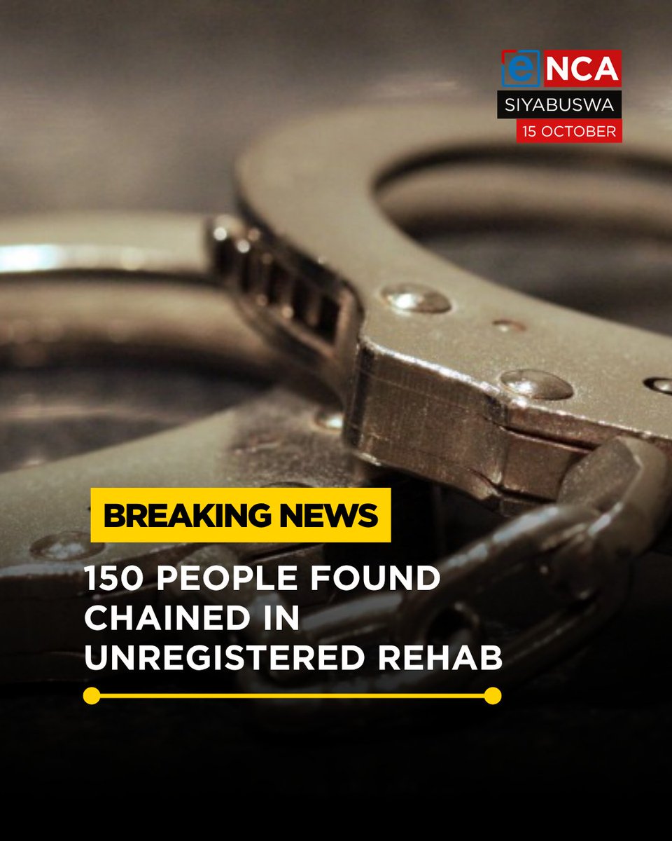 eNCA's tweet photo. [BREAKING] A pastor and his wife have been arrested after police discovered an unregistered rehabilitation centre in Waterval, Mpumalanga where about 150 people were allegedly found chained. Tune in to #eNCA, on #DStv403. https://t.co/eLiXfXYnvG