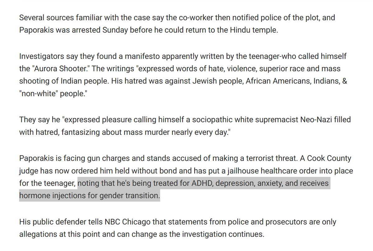 wesyang's tweet photo. The 19-year-old white supremacist planning a mass murder at a Hindu temple in Illinois was transgender.  

NBC News Chicago refers to him throughout the story as a male and by he/him pronouns while noting that he "receives hormone injections for gender transition." 

Meanwhile, Canadian newspapers continue to refer to both the 18-year old man who murdered eight people in Tumbler Ridge, British Columbia and the US-based male charged as his co-conspirator solely as women, honoring the preferred pronouns of both murderer and co-conspirator, with no reference to their sex or their trans identification.

All of these people are men.