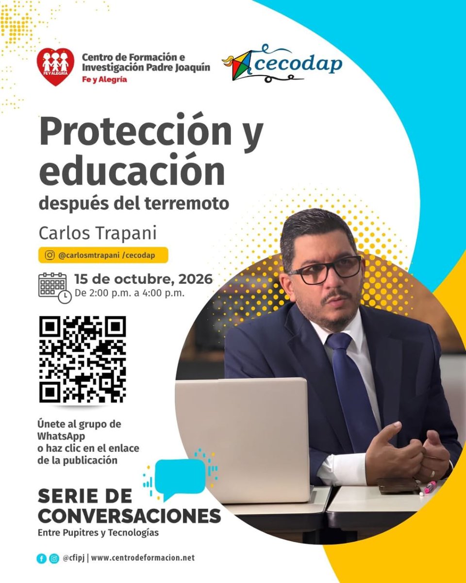 carlosmtrapani's tweet photo. ¿Cómo garantizamos la seguridad y la educación de nuestros niños en momentos de crisis? 

“Protección y educación después del terremoto”, de la Serie de Conversaciones Entre Pupitres y Tecnologías. Descubre cómo garantizar un entorno seguro y de aprendizaje, así como qué herramientas implementar para la protección infantil en tu centro educativo tras una situación de emergencia.  

📅 Fecha: 15 de octubre de 2026
⏰ Hora: De 2:00 p.m. a 4:00 p.m.  

🔗 ¿Cómo participar? Escanea el código QR de la imagen o ingresa en el enlace.
https://t.co/6oY4xsnYar 
@cecodap @redhnna @FeyAlegriaVE