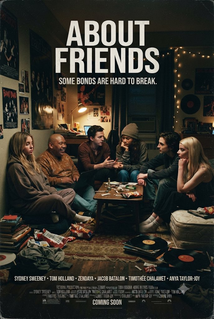 movierulez150's tweet photo. #Ai #AiArt #Concept #Poster #AboutFriends #SydneySweeney #JacobBatalon #TomHolland #Zendaya #TimothéeChalamet #AnyaTaylorJoy #SomeBonds #Break #HangingOut #Friends #Apartment #Records #Musical #Talking #Interaction #Emotional https://t.co/c933HspMNY
