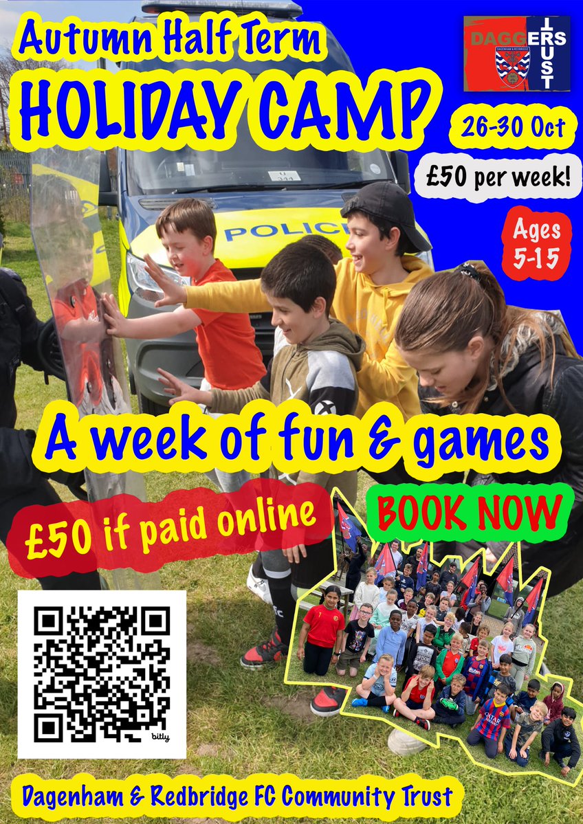 daggerstrust's tweet photo. Sign up now for @daggerstrust School Holiday Fun Camp at May &amp; Bakers 26-30 October ONLY £50.
0930-1530 Multisports &amp; Games Mon-Fri. 5-15 years.

Last Few Spaces Available - BOOK NOW

@Dag_RedFC @TheNLTrust @EssexCountyFA @BDSFA1 @drfchq @Diggerthedog1 @TheMemphisEra https://t.co/kCmX9VDfw8