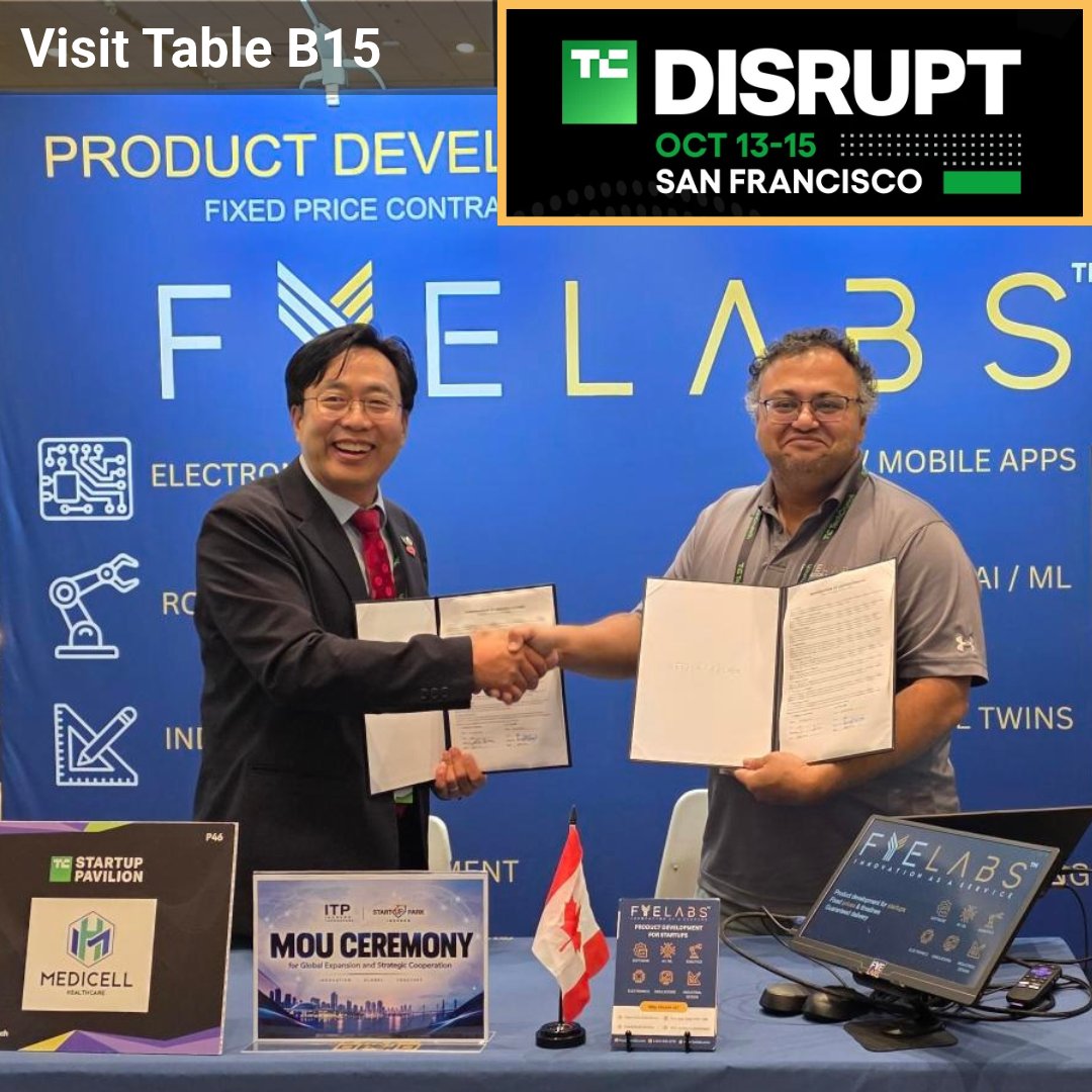fyelabs's tweet photo. 🌏Global connections at @TechCrunch Disrupt! @FYELABS CEO &amp; Co-Founder, Dr. Suvojit Ghosh and Medicell Healthcare CEO Brian Lim signed an MOU focused on global expansion and strategic cooperation, facilitated by Incheon Startup Park.

#TechCrunchDisrupt2026 #FYELABS #KStartup https://t.co/ydlmWEtZ0I