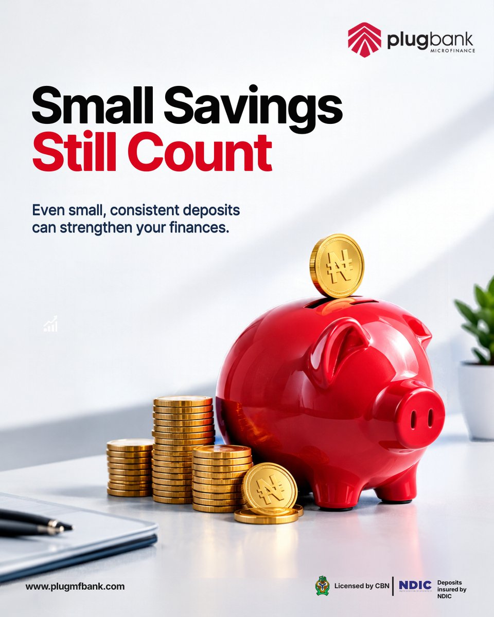 plugmfbank's tweet photo. Small savings today can make a big difference tomorrow!
Start small. Save consistently.
Watch your future grow with Plug MFB.
#PlugMFB #Savings #loans #microfinance #FinancialGoals https://t.co/y8jKAjqMsX