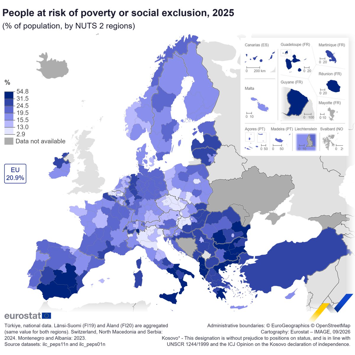 EU_Eurostat's tweet photo. In 2025, 20.9% of the total EU population were at risk of poverty or social exclusion. 🏘️

Highest shares in:
🇫🇷Guyane (54.8%)
🇮🇹Calabira (45.3%)

Lowest in:
🇸🇰Bratislavský kraj (2.9%)
🇮🇹Valle d’Aosta (5.6%)

Read more 👉https://t.co/gjW19X22c8

#IDEP2026 https://t.co/CFvYwBgHdw