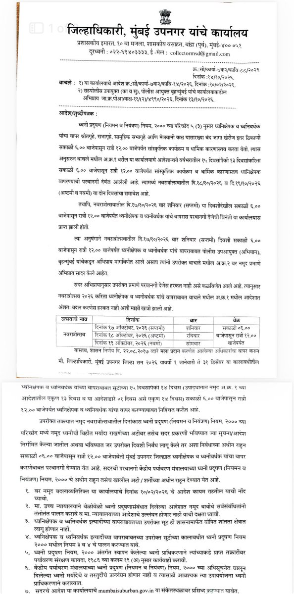 richapintoi's tweet photo. Mumbai Suburban Collector has announced relaxation for use of loudspeakers on Saturday Oct 17 alongwith Oct 18 and 19.

Loudspeakers will be allowed from 6 am to 12 midnight on all these days. https://t.co/N3phsaXX29