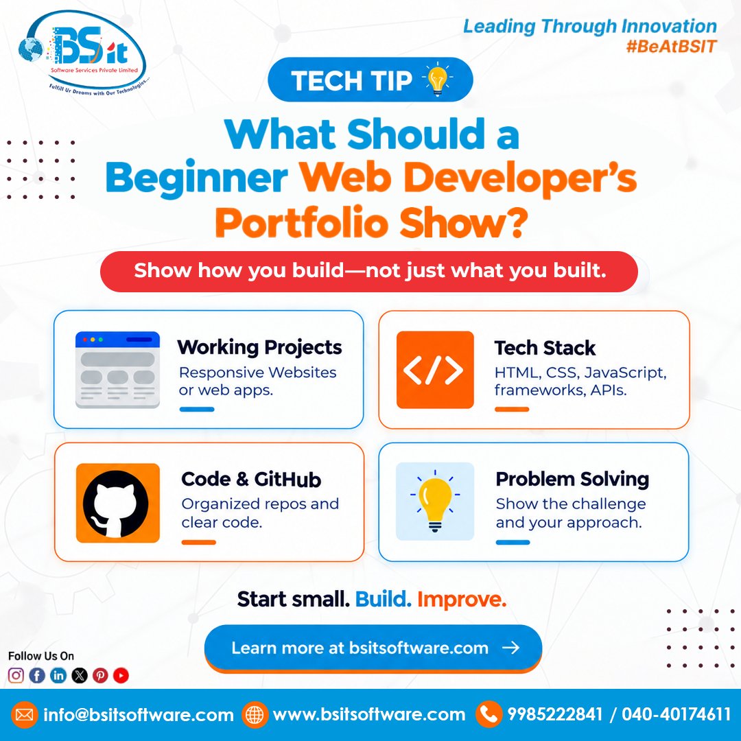 bsitsoftware's tweet photo. Building your first web developer portfolio? 💻

Show working projects, your tech stack, organized GitHub code, and how you solve problems.

Don't just show what you built. Explain how you built it.

Start small. Build. Improve. 🚀

#BSITSoftwareServices #WebDevelopment #CareerTips