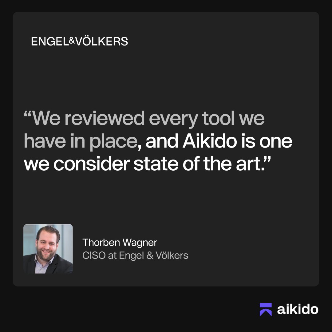AikidoSecurity's tweet photo. When a new GitLab CVE hit, Aikido was the first to inform Engel & Völkers about it, even before their dedicated vulnerability management tool did.

"Aikido isn't even responsible for telling us about that. It's responsible for issues in our code. But it was the first service to report it," says Elizaveta Katiushina, Security Engineer.
