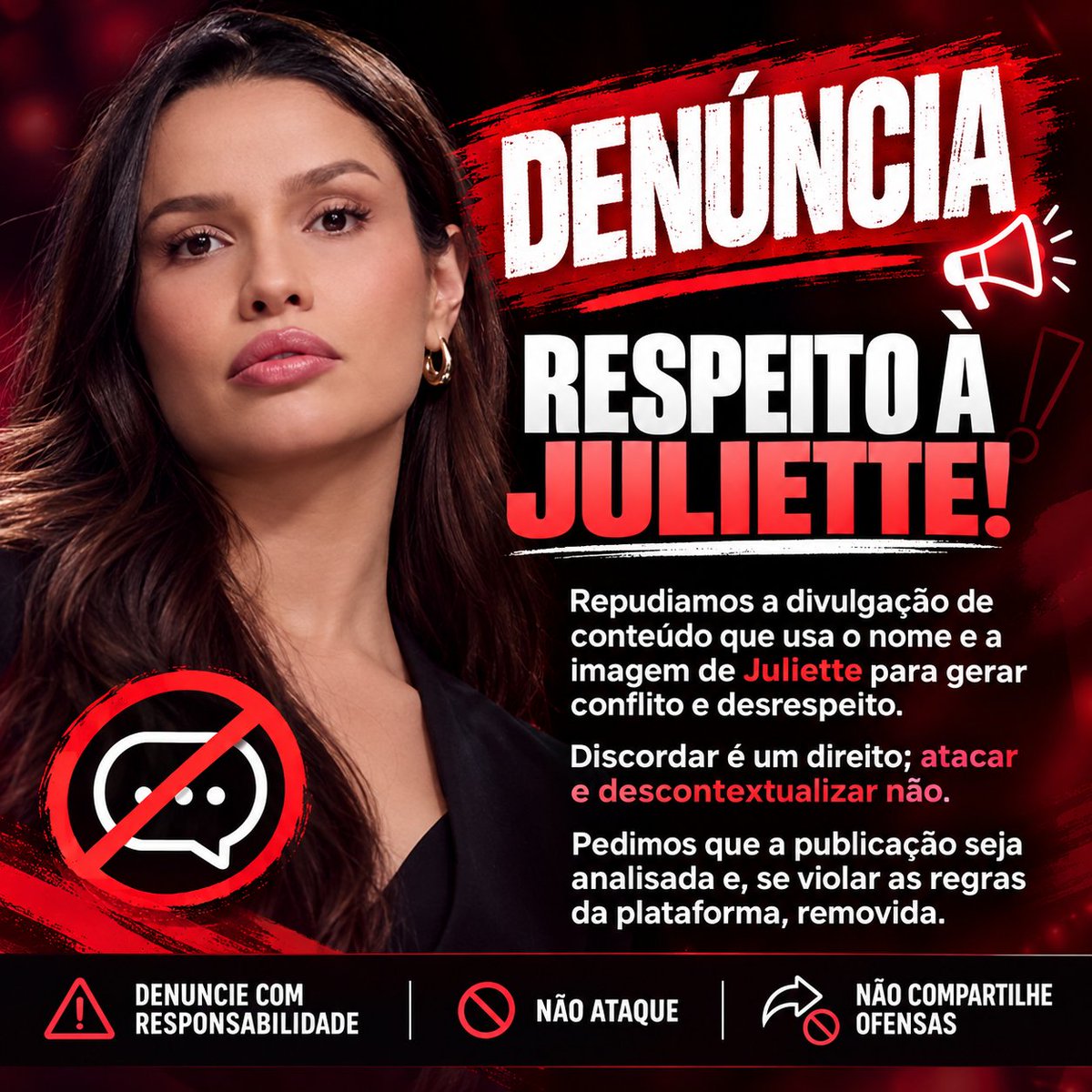 JulietteCrave's tweet photo. 🚨 RESPEITO À JULIETTE!
Repudiamos publicações que utilizam o nome e a imagem de Juliette para gerar conflitos e desrespeito.

Cada pessoa tem o direito de expressar sua opinião, mas isso não deve ser motivo para ataques ou descontextualizações.
📢 Temos uma missão cactos!!

Chama na DM que eu envio o link de alguns perfis para denunciarmos .

Respeitar não é concordar com tudo. É saber discordar sem desrespeitar!