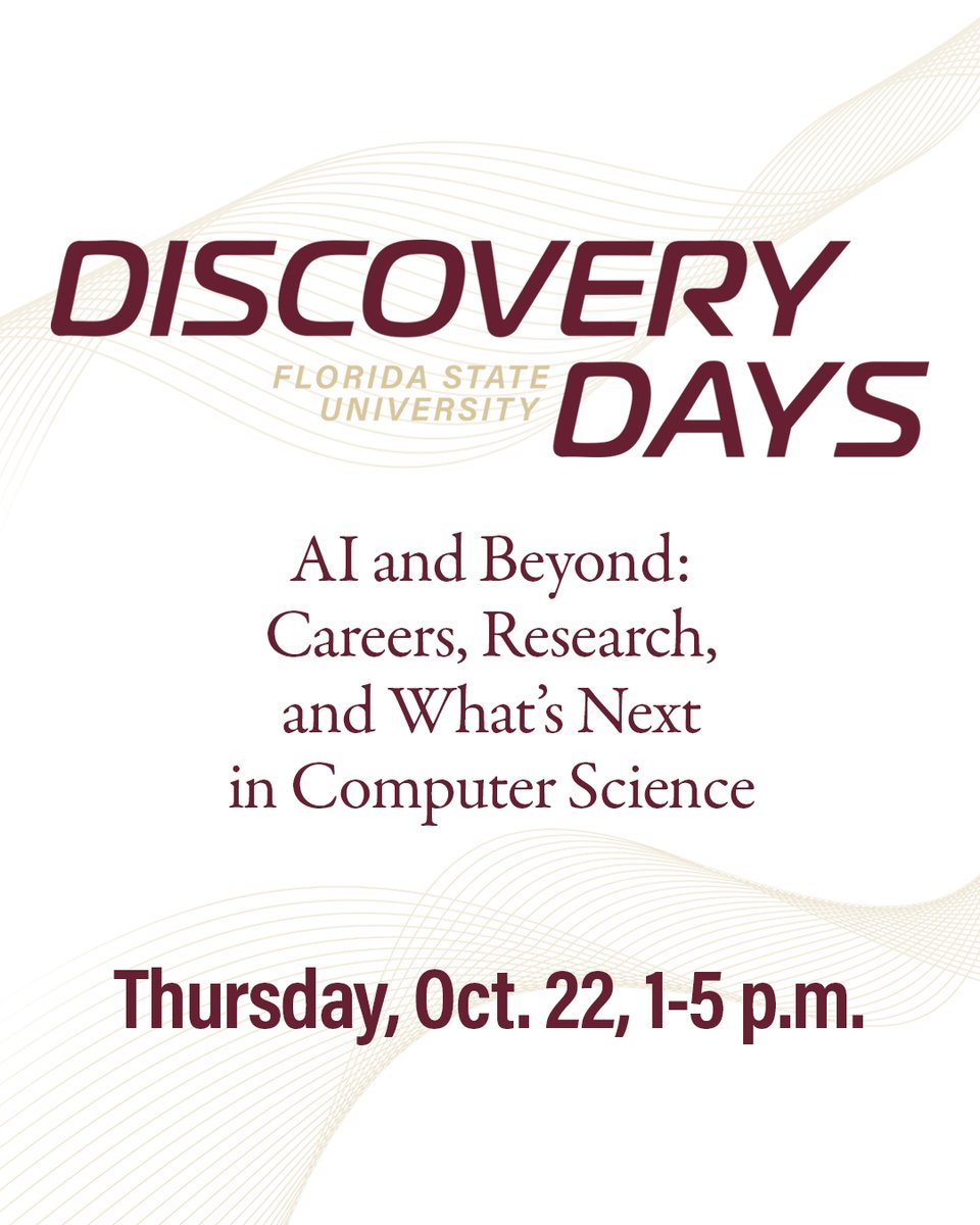 FSUartssciences's tweet photo. Discovery Days at @FloridaState is almost here!

Join @FSUComputerSci Thursday, Oct. 22, for an afternoon of events exploring how careers and research in computer science are adapting amid the widespread use of AI.

The activities will also highlight how FSU specifically is preparing students to navigate the evolving field.

📍 Love Building (Room 101)
⏰ 1-1:15 p.m. | Welcome and Introduction
⏰ 1:15–2 p.m. | Undergraduate Panel: AI, Careers and Opportunities
⏰ 2-3 p.m. | Faculty Research Highlights

📍 Love Building (Room 353)
3-5 p.m. | FSU Computer Science Open House and Research Showcase

For more info and RSVP instructions, visit: https://t.co/5jDfwb07pa.

@DataScienceFSU @FSUResearch