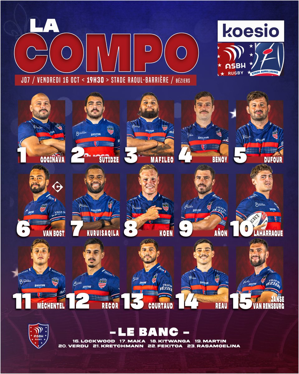 ASBHOfficiel's tweet photo. 🔴🔵 𝗔𝗦𝗕𝗛 𝘃𝘀 𝗦𝗧𝗔𝗗𝗘 𝗔𝗨𝗥𝗜𝗟𝗟𝗔𝗖𝗢𝗜𝗦 - 𝗟𝗮 𝗖𝗢𝗠𝗣𝗢'
🤝 @KoesioConnexion 
Les 23 Rouge &amp; Bleu pour la réception du @SArugbyofficiel demain à Raoul-Barrière #AquiEsBesiers https://t.co/BmRQj9tLM7