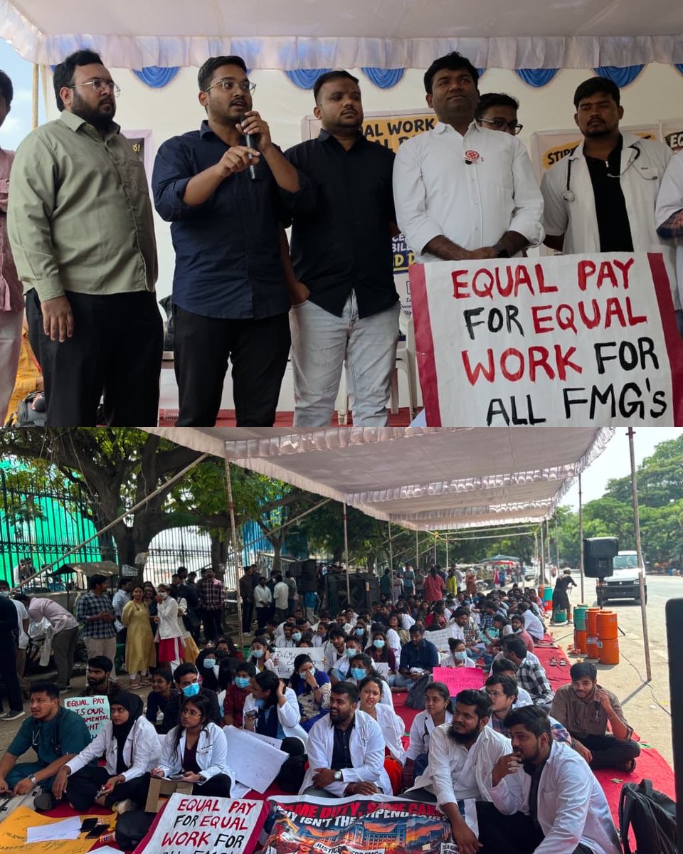 FAIMA_INDIA_'s tweet photo. 📢 FAIMA STANDS WITH FMG INTERNS IN TELANGANA!
DrNavadeepAshwini,@AshwiniNavadeep FAIMA National Executive Member, joined the ongoing FMG interns’ protest at Indira Gandhi Dharna Chowk, Hyderabad, demanding stipend parity with Indian Medical Graduates (IMGs).
🤝 SAME DUTIES, SAME RESPONSIBILITIES, SAME STIPEND!
FAIMA urges the Hon’ble Chief Minister , @TelanganaCMO and Health Minister of Telangana @TelanganaHealth to intervene immediately, address the interns’ genuine grievances and ensure equal pay for equal work.
FMGs deserve equality, not discrimination!
#FAIMA #FMGInterns #EqualStipend #StipendParity #FMGE #Telangana #DoctorsUnity