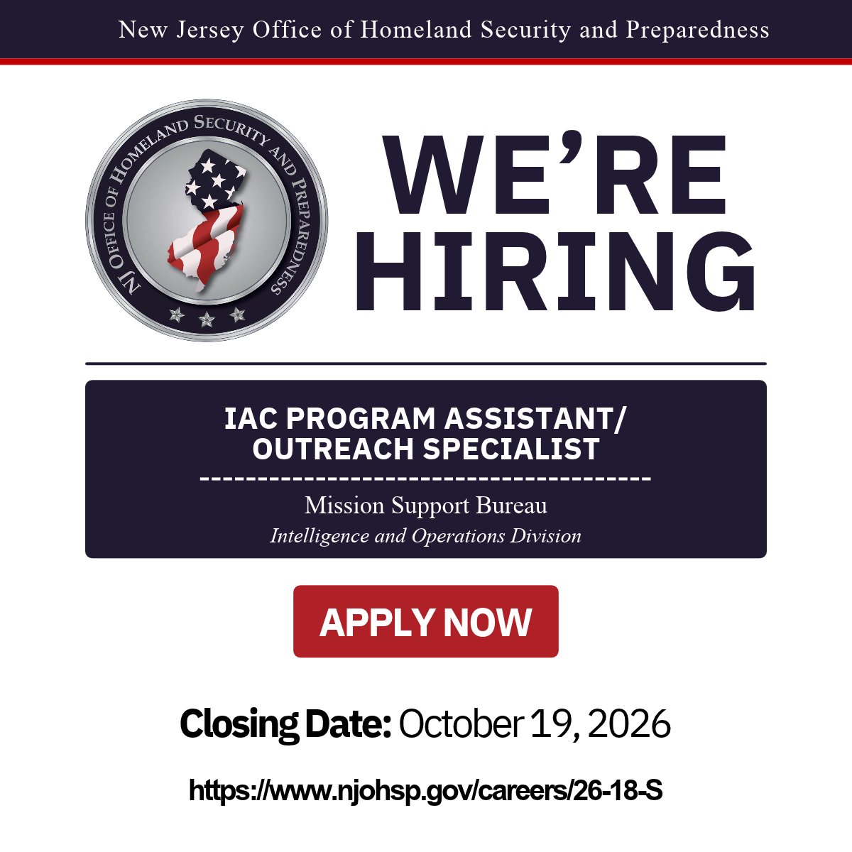 NJOHSP's tweet photo. Looking to launch your career in homeland security? NJOHSP is hiring an IAC Program Assistant/Outreach Specialist to help drive statewide coordination and deliver consistent support to faith-based organizations and community partners across New Jersey. https://t.co/D864E2vasA