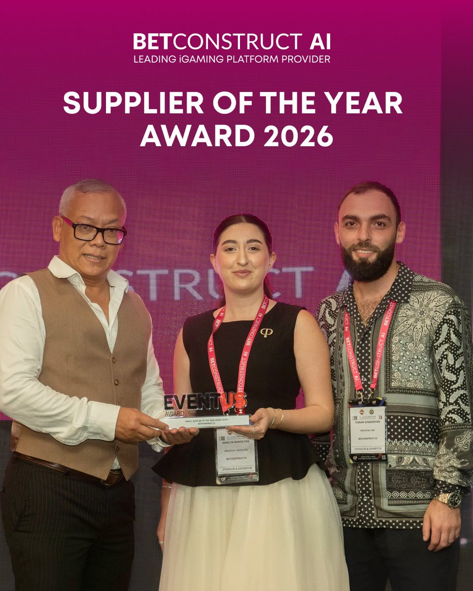 BetConstruct's tweet photo. Setting new standards, and the awards prove it.
BetConstruct AI has taken home the ''Supplier of the Year Award 2026'' and the ''Leader in Sports Betting Award 2026'' from Eventus! A huge thank you to everyone who supports our mission to move the industry forward. https://t.co/i8f9aJbOcy