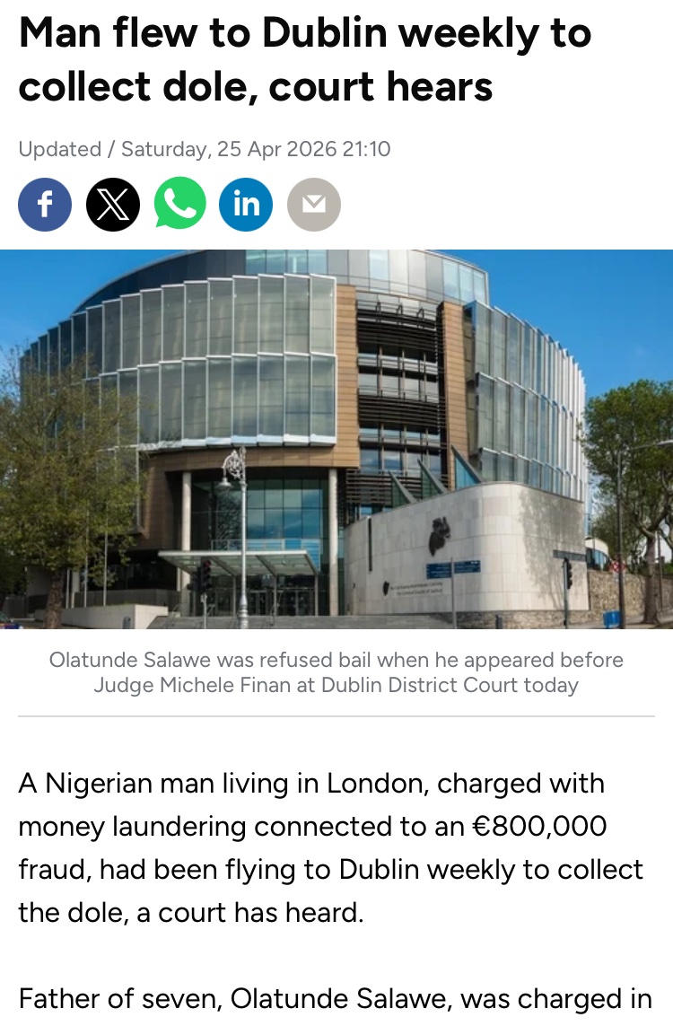 greenshame's tweet photo. Nigerian man (Olatunde Salawe) living in U.K. charged with Social welfare theft connected to an €800,000 fraud, had been flying to Dublin weekly to collect the dole, a court has heard.…. https://t.co/RByXZlfe6j
