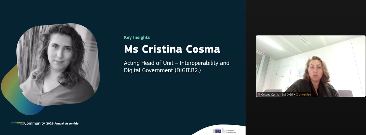 InteroperableEU's tweet photo. 💬“I really hope we can all move forward together.”

Closing the #IOPEUCommunityAnnualAssembly2026, @cryistina, our Acting Head of Unit, highlighted how peer reviews, practical knowledge-sharing and stronger collaboration can help shape future @InteroperableEU priorities! ✨ https://t.co/M5YRxdjMPL