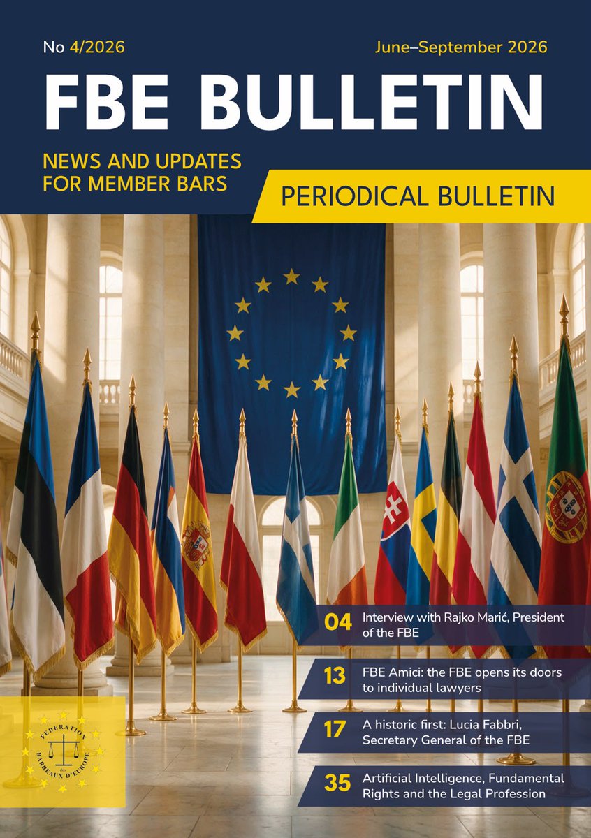 EuropeanBars's tweet photo. 📘 FBE Bulletin No 4/2026 is out!
Interview with President Rajko Marić, FBE Amici with Patrick A. Dillen, Lucia Fabbri as first woman Secretary General, and more.
👉 https://t.co/Z6tH8zYqzQ
#FBE https://t.co/JKxinkEONB