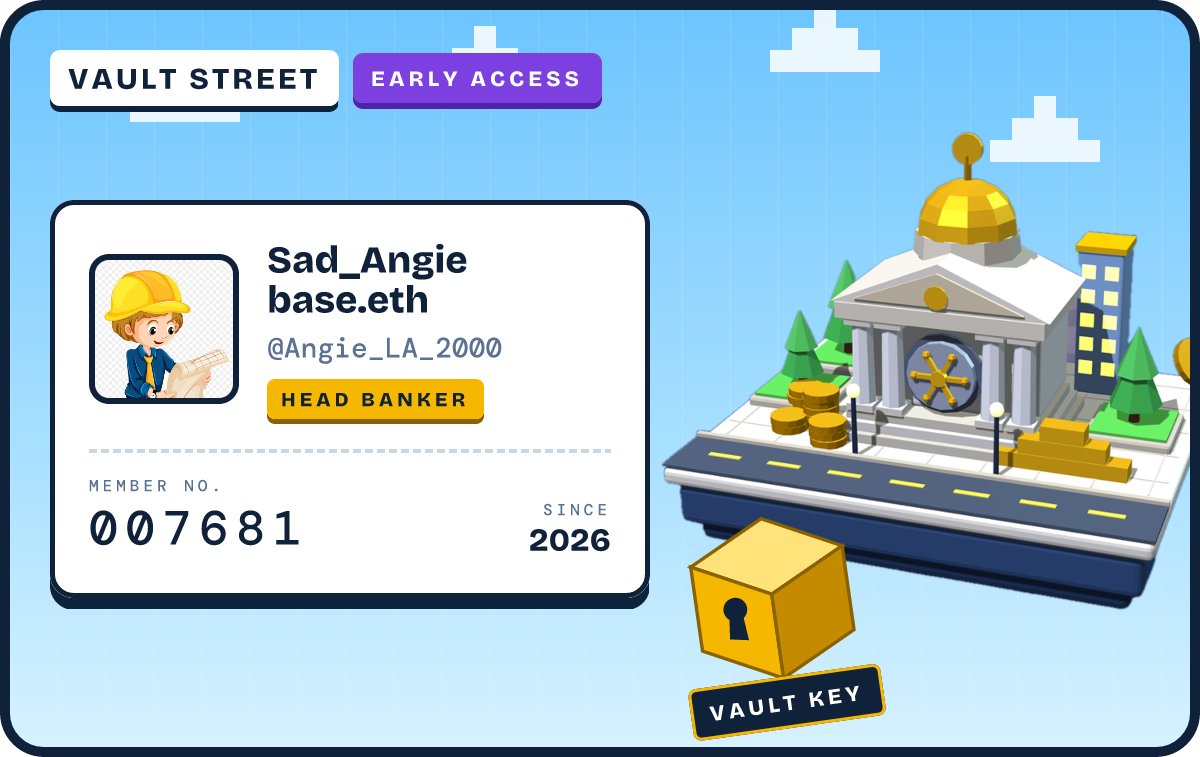 Angie_LA_2000's tweet photo. Just enrolled at Vault Street 🏦

Free mint + early access are live now.

Join with my link: https://t.co/NFTkzZXUo4
or use code ANGIE_LA_2000 https://t.co/Ykz7ZRnsZR https://t.co/3xpBPz11sb