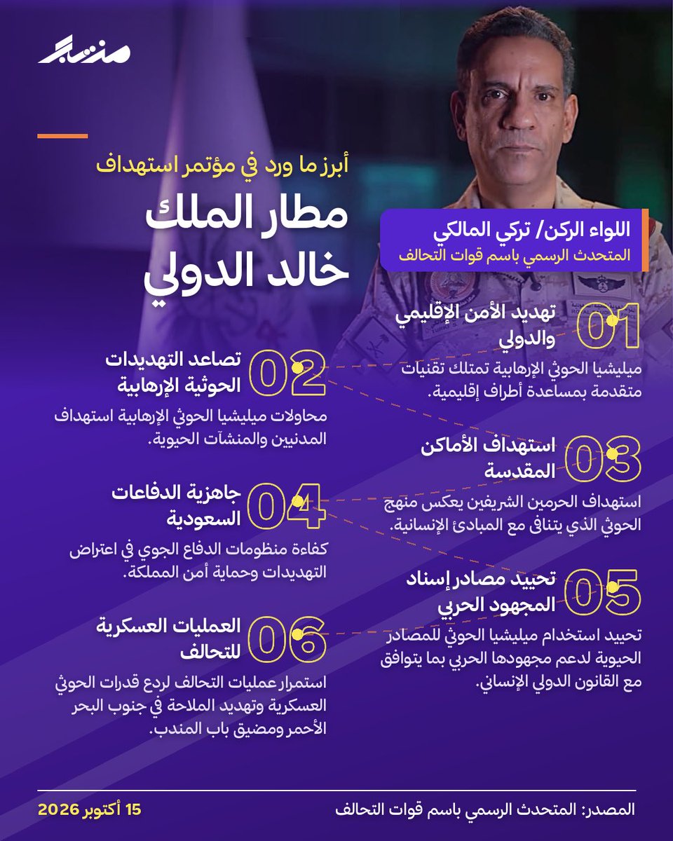 mazeejnet's tweet photo. أبرز ما ورد في المؤتمر الصحفي للقوات المشتركة بشأن استهداف الميليشيا الحوثية الإرهابية لمطار الملك خالد الدولي. 
المصدر: @CJFCSpox https://t.co/JqhjZpy1Tj