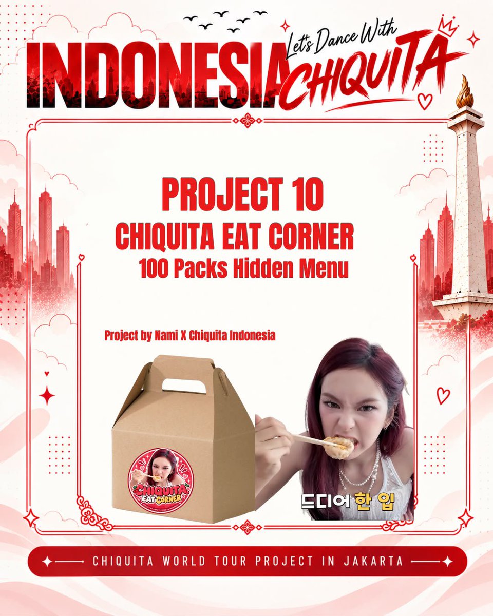 CHIQUITABASE's tweet photo. PROJECT 10: CHIQUITA EAT CORNER — FREE HIDDEN MENU FOOD

📍 Location: Indonesia Arena
📅 Date: 17 October 2026
🍡 Free : 100 packs!

Jadi, jangan sampai kehabisan, ya! Siapa cepat, dia dapat! 👀❤️‍🔥
See you at the venue, Cheetas &amp; Monstiez! 🫶🏻🎀

#CHIQUITA
#BABYMONSTER https://t.co/135UQp8Xjb