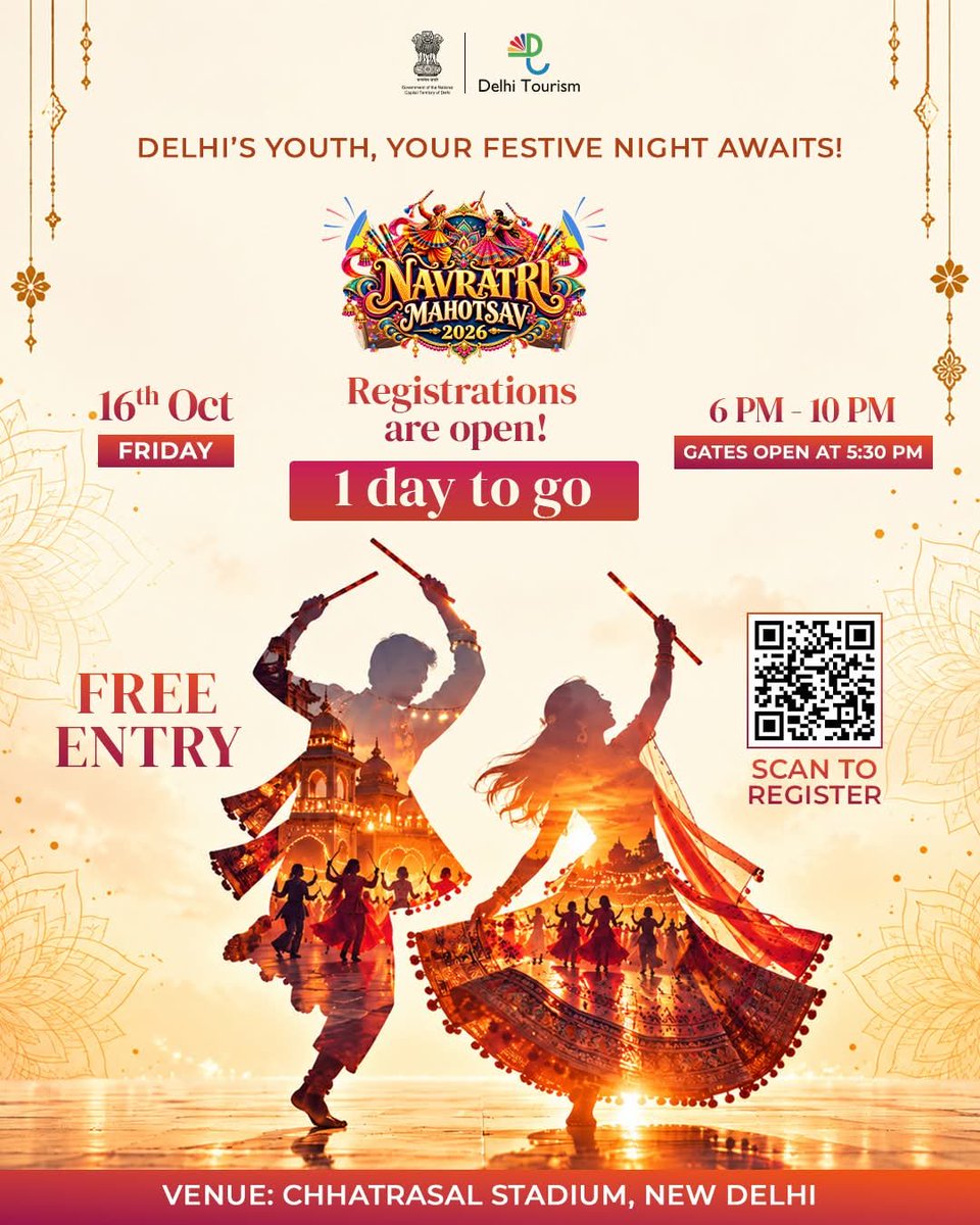 tourism_delhi's tweet photo. Delhi, get ready to celebrate Navratri Mahotsav 2026! 

Enjoy Garba, Dandiya, live music &amp; delicious food with your loved ones. 

 16 Oct | ⏰ 5:30–9:30 PM 
📍 Chhatrasal Stadium, Delhi 
🎟️ FREE ENTRY!

#NavratriMahotsav2026 #DelhiEvents #GarbaNight https://t.co/rrwJmd1wup
