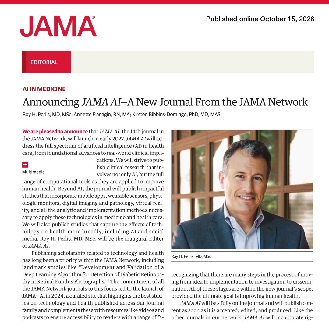 JAMA_current's tweet photo. Artificial intelligence is reshaping medicine, but innovation alone is not enough. 

In a new Editorial, Roy H. Perlis, MD, MSc, Annette Flanagin, RN, MA, and Kirsten Bibbins-Domingo, PhD, MD, MAS discuss the launch of @JAMA_AI_, a new JAMA Network journal dedicated to publishing rigorous, clinically focused research spanning AI, digital health, and computational health. 

📖 Read the Editorial: https://t.co/8kZuurQJxR