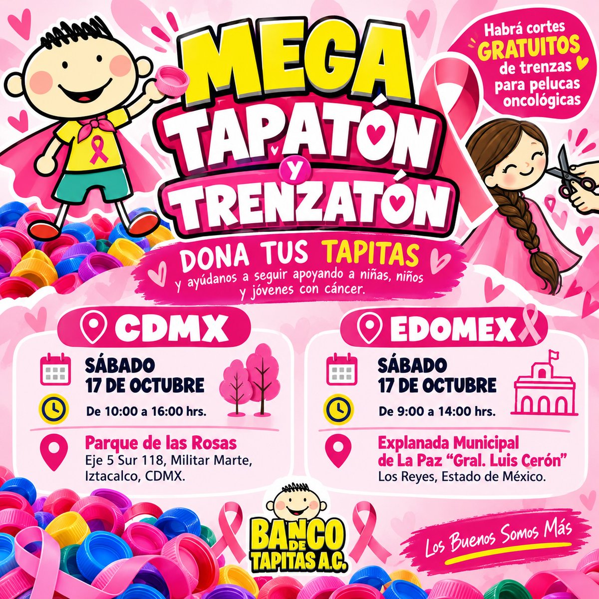 bancodetapitas's tweet photo. 🎀💗 ¡ESTE MES ROSA, SÚMATE A NUESTRO MEGA TAPATÓN Y TRENZATÓN! 💗🎀

¡Este sábado 17 de octubre tenemos DOS grandes citas con la solidaridad! 🙌💕

En Banco de Tapitas A.C. te invitamos a participar en dos increíbles eventos donde podrás donar tus tapitas de plástico y tu cabello para seguir ayudando a niñas, niños y jóvenes que enfrentan el cáncer. 🎗️

✂️💇🏻‍♀️ ¡HABRÁ CORTES GRATUITOS DE TRENZAS PARA ELABORAR PELUCAS ONCOLÓGICAS!

🦁 1️⃣ CDMX | IZTACALCO
¡Nuestros grandes amigos del Club de Leones Iztacalco están preparando un evento espectacular!

Además de recolectar tapitas y cabello, ¡construiremos un LEÓN GIGANTE HECHO DE TAPITAS! 🦁♻️ Una actividad que demostrará cómo pequeñas acciones pueden convertirse en algo extraordinario.

🗓️ Sábado 17 de octubre
🕙 10:00 a 16:00 hrs.
🌳 Parque de las Rosas
📍 Eje 5 Sur 118, Col. Militar Marte, Iztacalco, CDMX.

💗 2️⃣ ESTADO DE MÉXICO | LOS REYES LA PAZ
¡Nuestras queridas amigas y amigos de Fundación Pkitas también se suman a esta gran jornada de solidaridad!

Nos esperan con un increíble Tapatón y Trenzatón para seguir transformando tapitas y cabello en esperanza para nuestros pequeños guerreros. 💕

🗓️ Sábado 17 de octubre
🕘 9:00 a 14:00 hrs.
🏛️ Explanada Municipal de La Paz “Gral. Luis Cerón”.
📍 Los Reyes, Estado de México.

💇🏻‍♀️ ¿QUIERES DONAR TU CABELLO?
Necesitamos trenzas de al menos 30 cm de largo para elaborar pelucas oncológicas que entregamos de manera completamente GRATUITA a quienes las necesitan. 🎀

♻️ ¿TIENES TAPITAS GUARDADAS?
¡Es momento de traerlas! Cada tapita nos ayuda a financiar medicamentos, tratamientos y apoyos para niñas, niños y jóvenes con cáncer.

💖 ¡GRACIAS AL CLUB DE LEONES IZTACALCO Y A FUNDACIÓN PKITAS POR ORGANIZAR ESTOS MARAVILLOSOS EVENTOS Y SUMARSE A NUESTRA CAUSA!

Este Mes Rosa queremos demostrar que, cuando nos unimos por una buena causa, ¡podemos lograr cosas extraordinarias! 🙌

📲 Informes: 442 612 3952
🎗️ ¡LOS BUENOS SOMOS MÁS! 💗

#MegaTapatón #Trenzatón #MesRosa #BancoDeTapitas #ClubDeLeonesIztacalco #FundaciónPkitas #DonaTusTapitas #DonaTuCabello #PelucasOncológicas #CáncerInfantil #LosBuenosSomosMás