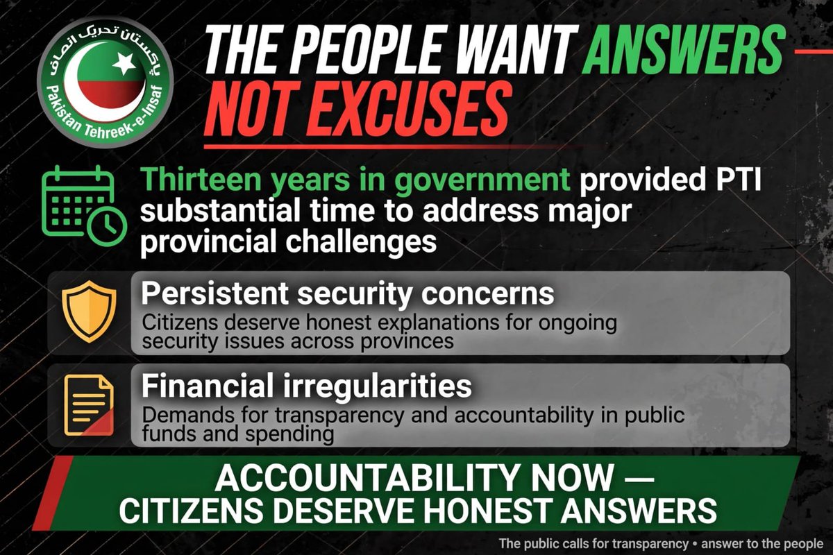ThePKNarrative's tweet photo. Thirteen years in government provided PTI with substantial time to address major provincial challenges. Citizens deserve honest explanations for persistent security concerns, alleged financial irregularities and unfinished development commitments.
#PTI #KP #AccountabilityMatters https://t.co/5BLdMuqF5Y