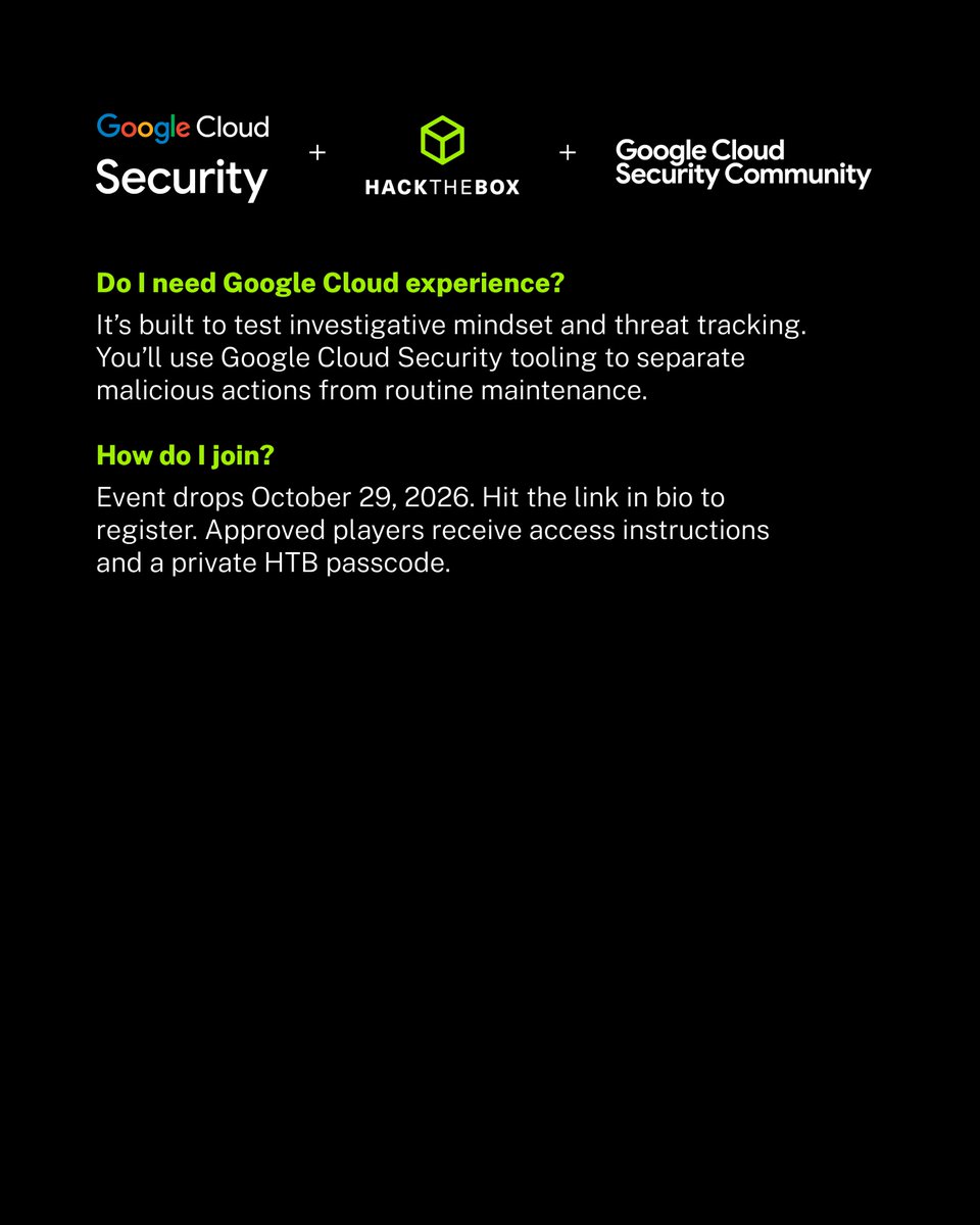 hackthebox_eu's tweet photo. Got questions about Operation Cymbal: Cold Room? Here’s the debrief.

On October 29, we're dropping a high-stakes incident reconstruction challenge with Google Cloud Security. 3 tracks. 18 flags. 72 hours to reconstruct the full kill chain.

🔗 Register to participate >>> https://t.co/ZhzTCqVJu5

#OperationCymbal #GoogleCloudSecurity #HackTheBox #CTF #ThreatHunting #IncidentResponse #ColdRoom