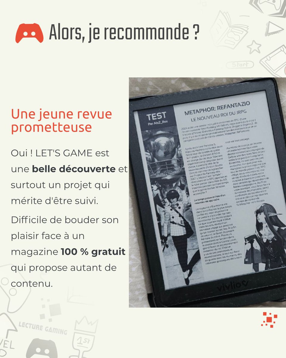 Lecture_Gaming's tweet photo. Parfois, en scrollant sur Instagram on peut faire une bonne découverte.
C’est comme ça que j’ai découvert LET’S GAME, un jeune magazine JV 100 % digital et gratuit, crée par @AlxZ_Rex
Après avoir lu le premier numéro et le HS, voici ce que j’en ai pensé.
#PresseJV #LectureGaming https://t.co/V6mMUQPYvY
