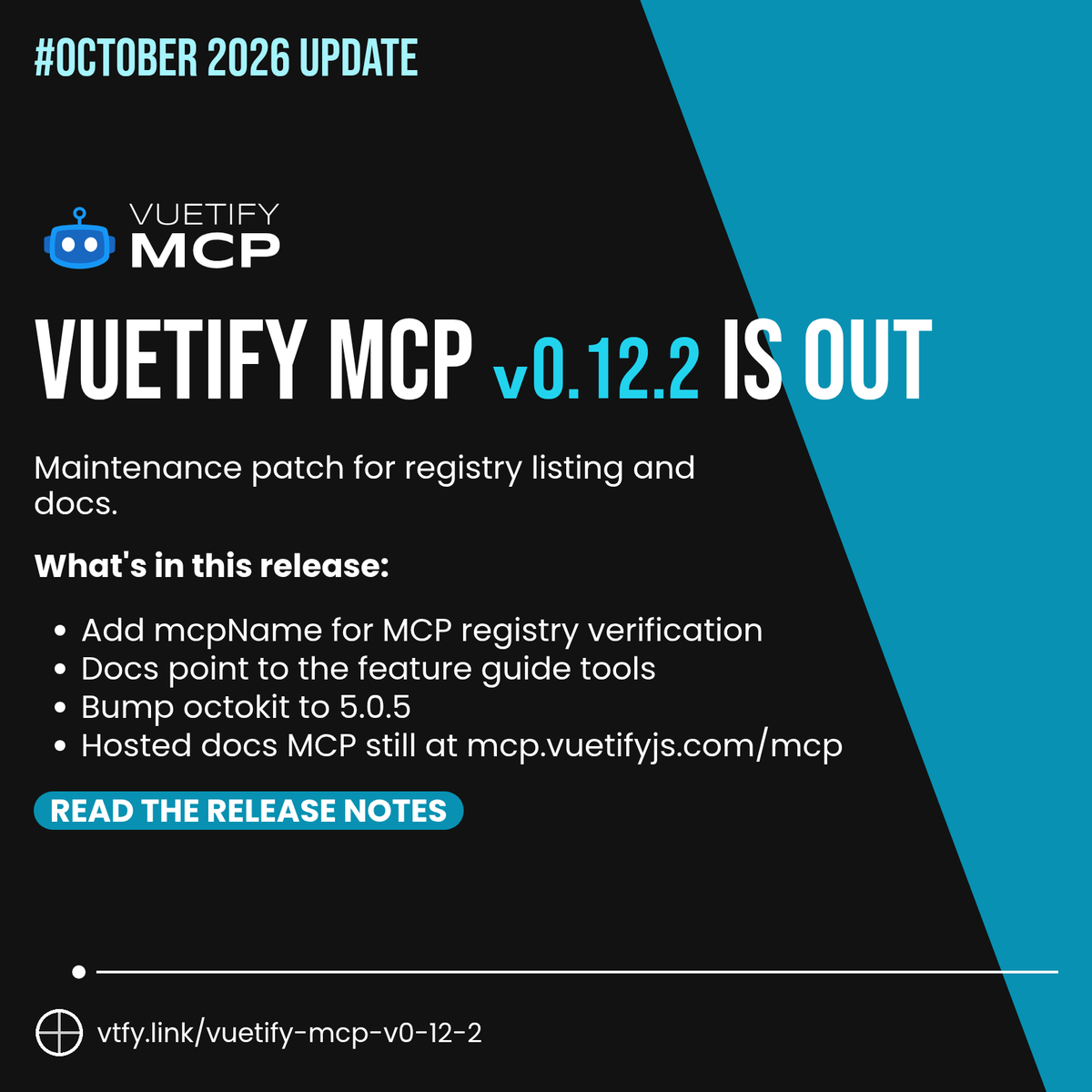 vuetifyjs's tweet photo. @vuetify/mcp v0.12.2 is out.

Maintenance patch: MCP registry verification, docs that point to the feature guide tools, and an octokit bump.

Hosted docs (no account): https://t.co/FCGY8UphTy
https://t.co/sIggT452LN https://t.co/4aIbdE6F88